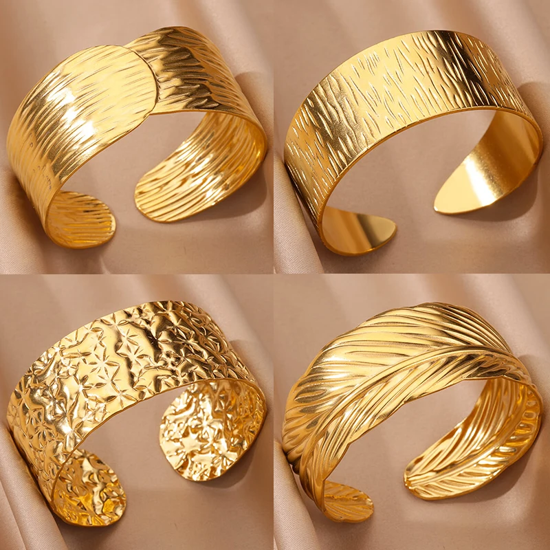 Stainless Steel Wide Bangles for Women Luxury Gold Color Open Chunky Cuff Bangle Bracelet femme Vintage Wedding Jewelry Gift