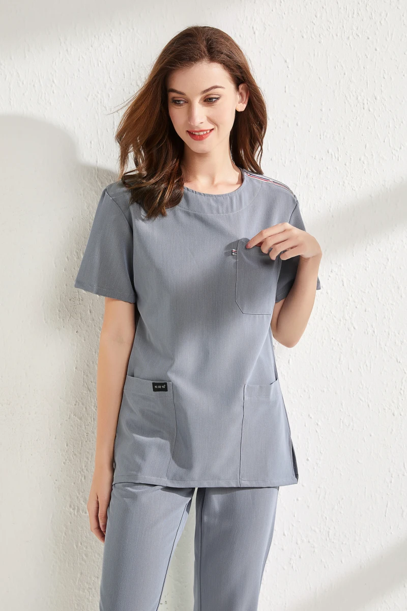 Women's Summer Anti Wrinkle Free Ironing Round Neck Short Sleeve Beauty Care Workwear Dental Clinic Nursing Scrub Uniforms Set