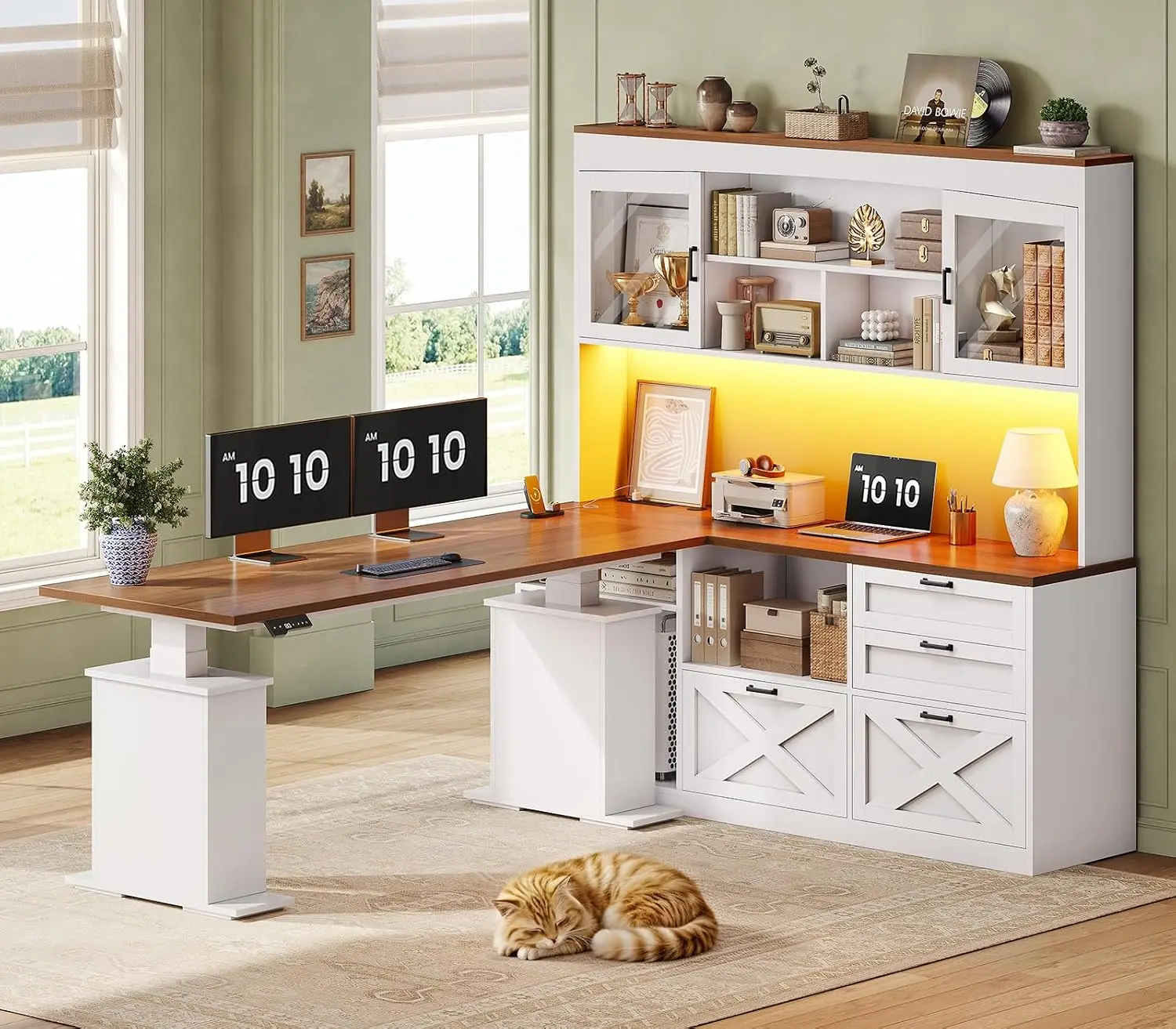 L Shaped Standing Desk with 4 Drawers & Detachable Bookshelf, 69
