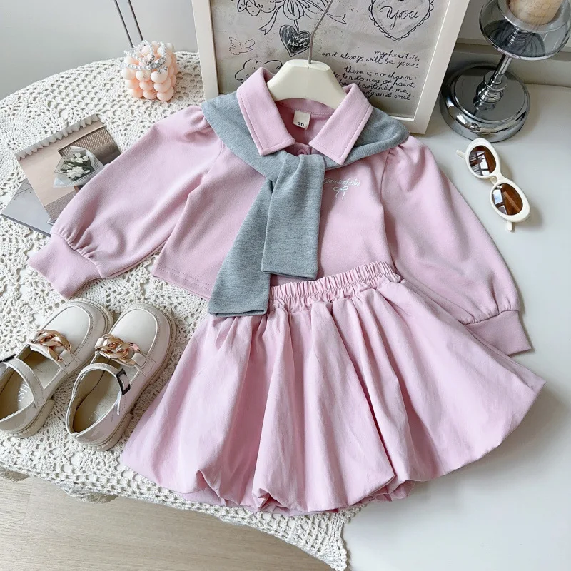 

Children's Set New Autumn Baby Girl Fashion Sweet Long Sleeve Top and Skirt Two-Piece Set Includes Shawl
