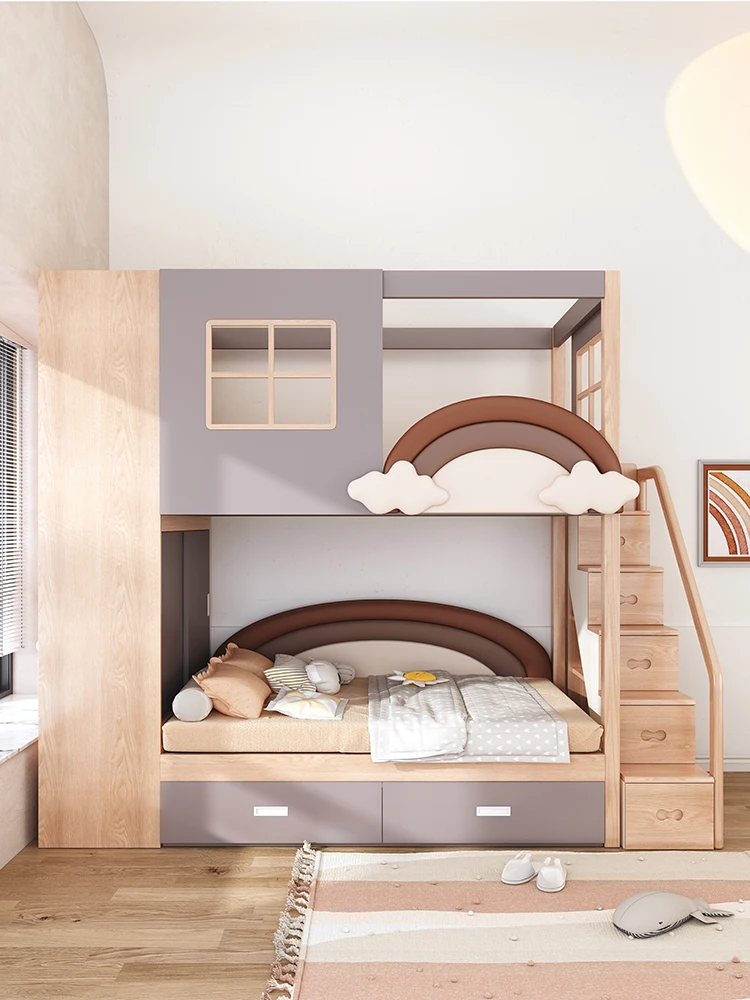 Tempat Tidur Tingkat Putri Pelangi dari Kayu Solid yang Dapat Disesuaikan, Desain Lubang Pohon, untuk Kamar Tidur Anak atau Apartemen