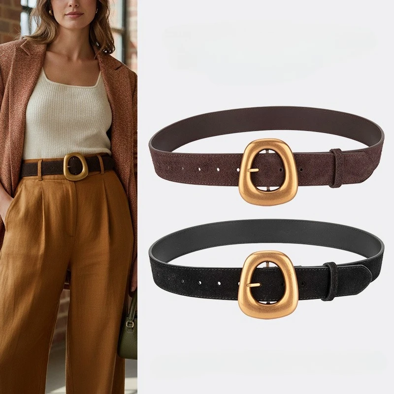 

2026 Дизайнерский женский ремень из воловьей кожи с разноцветной золотой пряжкой Легкий роскошный минималистичный модный элитный ремень St