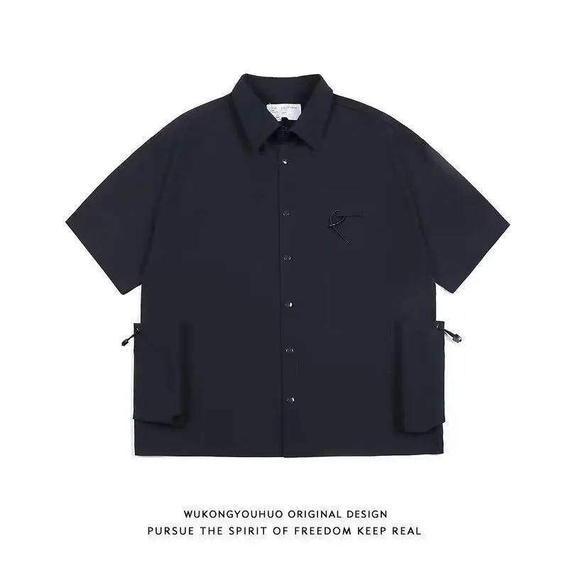 

Juspinice Japanese Style Turn-down Collar Large Pocket Short Sleeve Shirt for Men's Summer Casual Loose Half Sleeve T-shirts