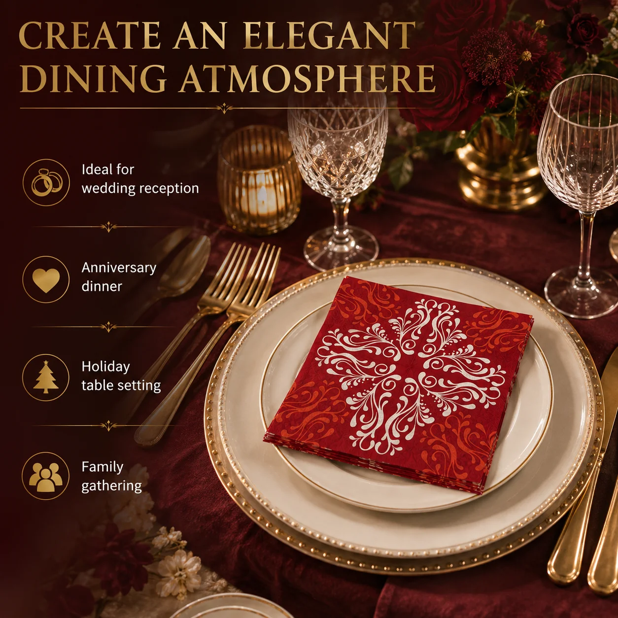 20PCS Vintage Burgundy Paper Napkins European Baroque Pattern 2-Ply Decorative Tissue for Wedding Dinner Party Table Decor
