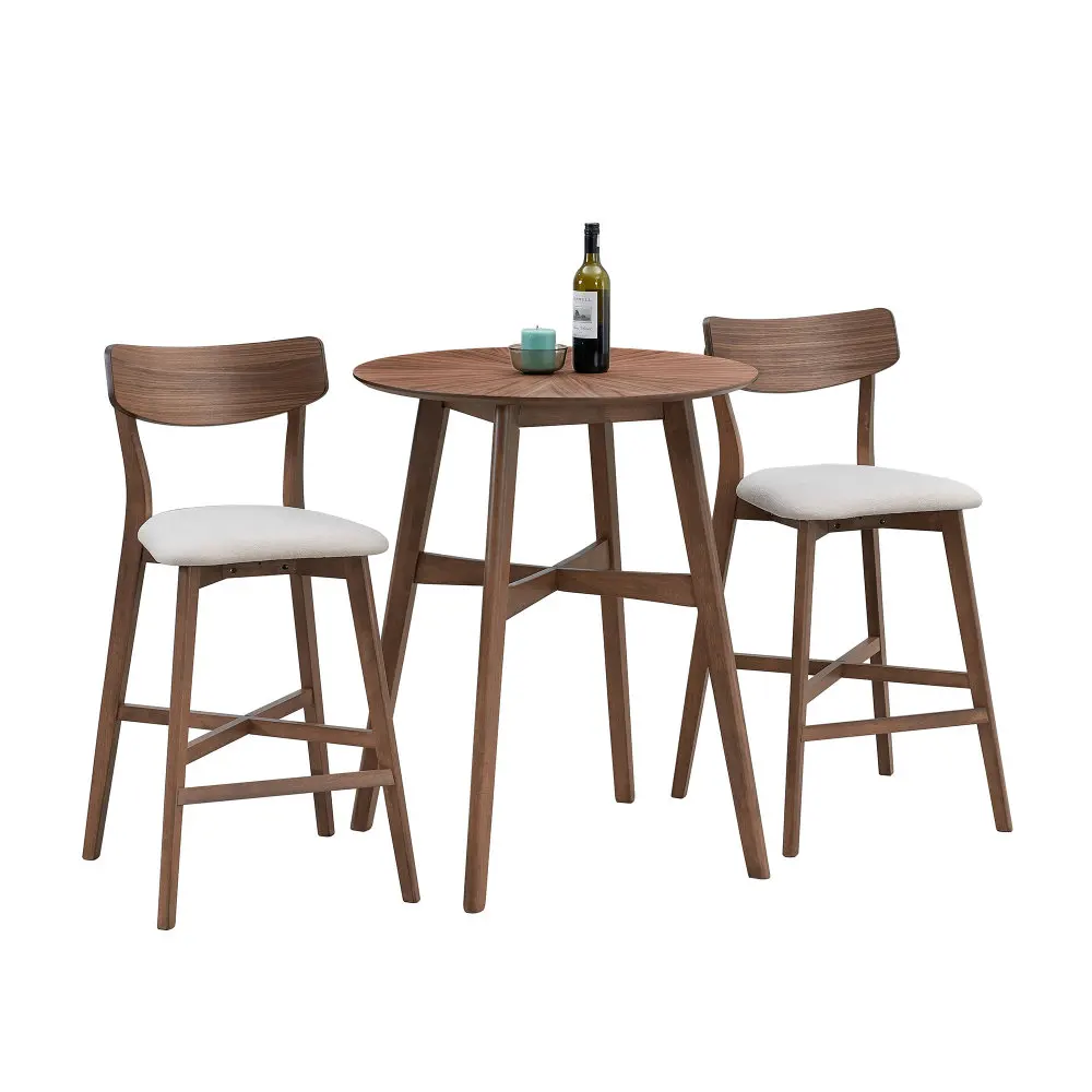 

3 Pieces Bar Table Set Modern Round Counter Height Pub Table, Wooden High Top with Bar Stools Dining Set for Kitchen Walnut