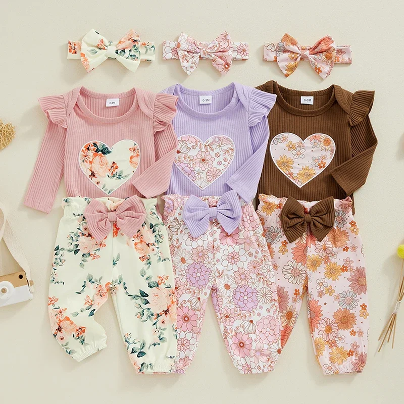 Toddler Baby Clothing Girl Spring Autumn Floral  Long Sleeve Bodysuits + Elastic Pants and Headband Newborn Clothes Sets