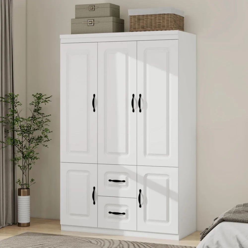 

Wardrobe Closet with Doors, 3 Doors Bedroom Armoire with Drawers and Hangind Rod, White Wardrobe Cabinet Suit for Bedroom, The