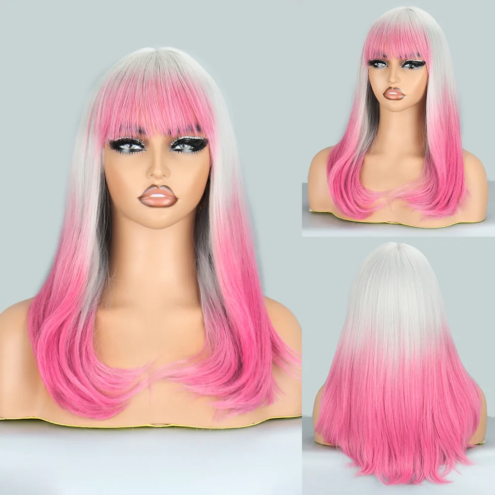 

Qi bangs gray pink gradual change long hair tip buckle chemical fiber mechanism European and American wig headgear