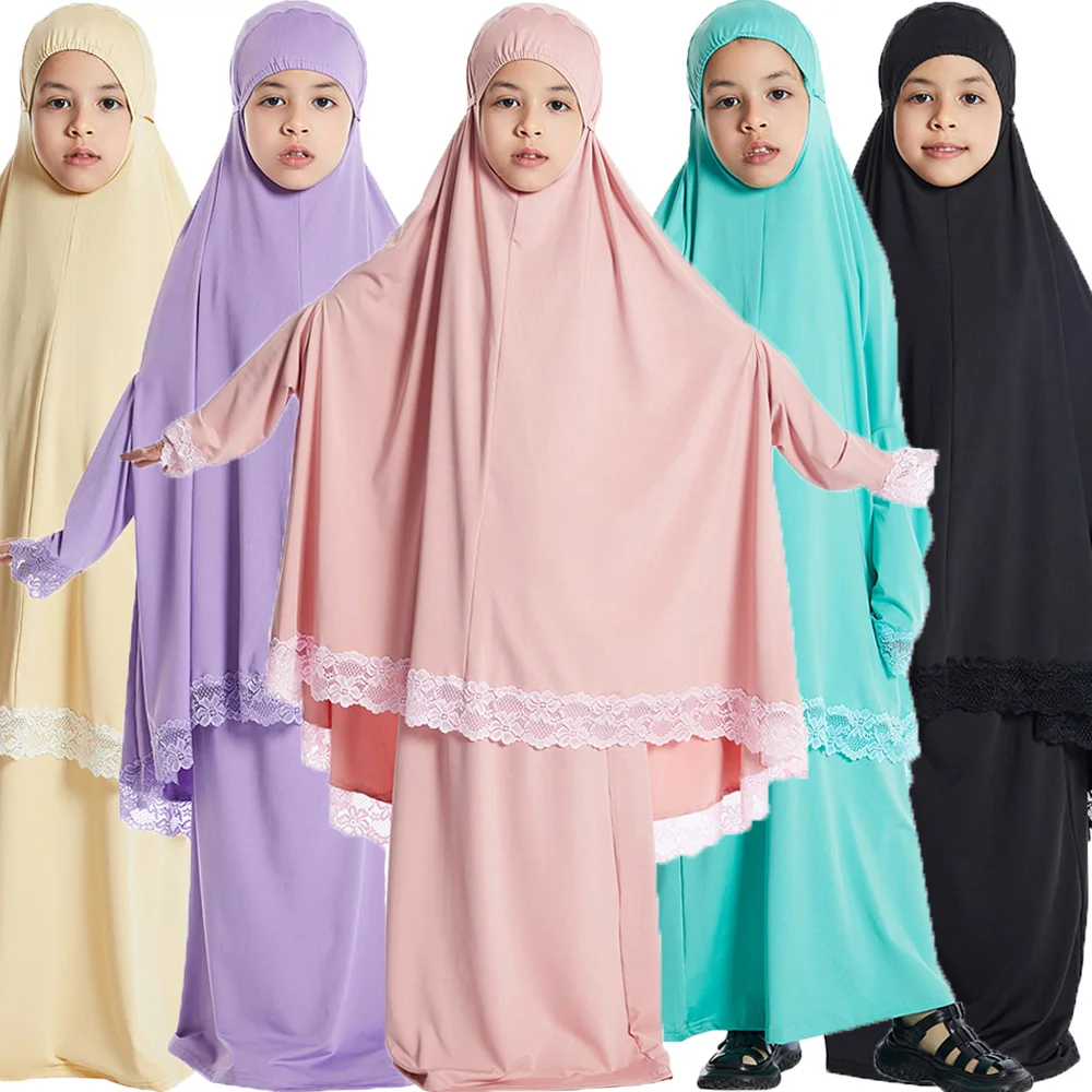 Vestido Hijab musulmán para niñas, conjunto de Abaya Eid Overhead Djellaba, prenda de oración de Ramadán, bata Khimar Jalabiya, caftán turco Burqa