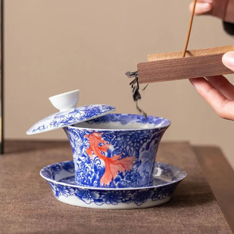 Blue and White Porcelain Carp Pattern Sancai Gaiwan Household Kungfu Tea Tureen Tea Infuser Bowl Cup Kitchen Drinkware