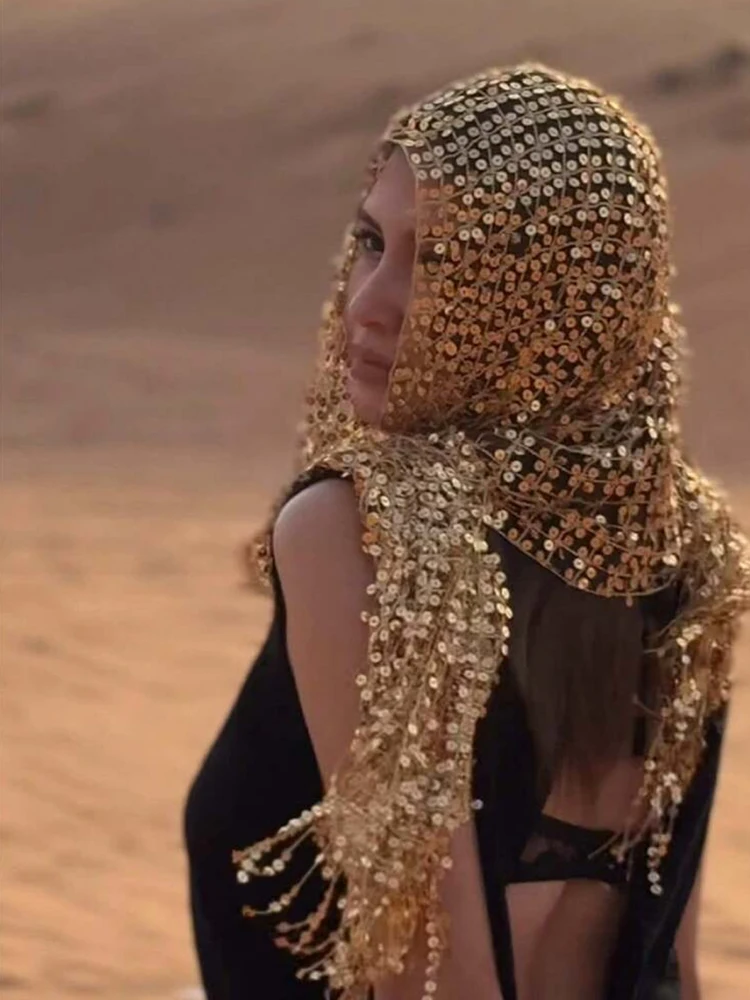Sparkly Sequin Mesh Head Scarf with Tassel Women Festival Hair Accessory for Rave Party Stage Costume Boho Fashion Shawl Hat