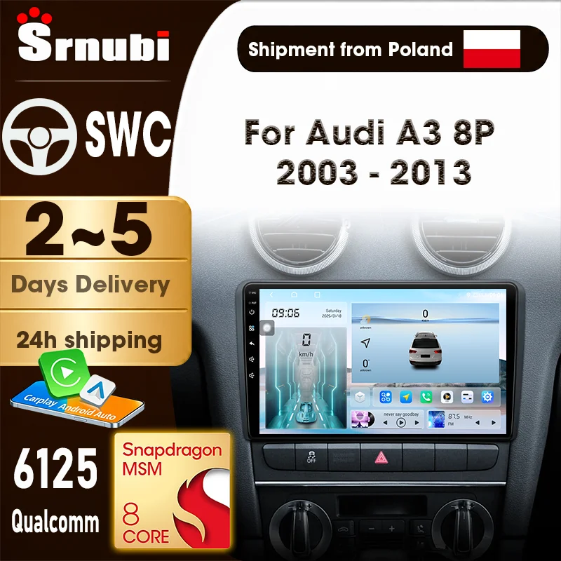 Radio para coche con Android Auto, GPS, navegación, Carplay y pantalla multimedia para Audi A3 8P 2003-2013, pantalla estéreo 2 Din, pantalla QLED, procesador Qualcomm de 8 núcleos 6125, 4G, WIFI de 5 GHz, Bluetooth 5.4, ventilador de refrigeración integrado, botón de luz, conexión Plug and Play.