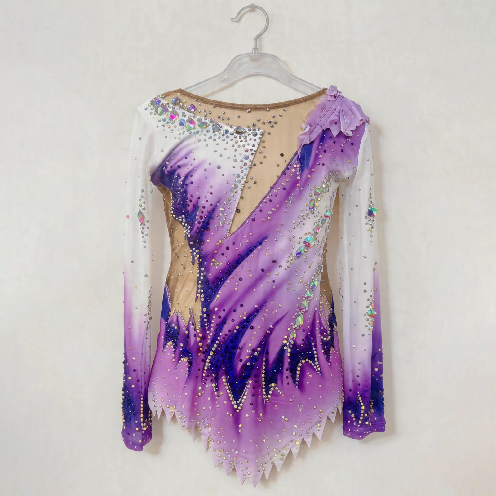 

Girls Purple Ombre Luxury Rhythmic Gymnastics Leotard Long Sleeve Shiny Rhinestone Skating Dress Competition Performance Wear