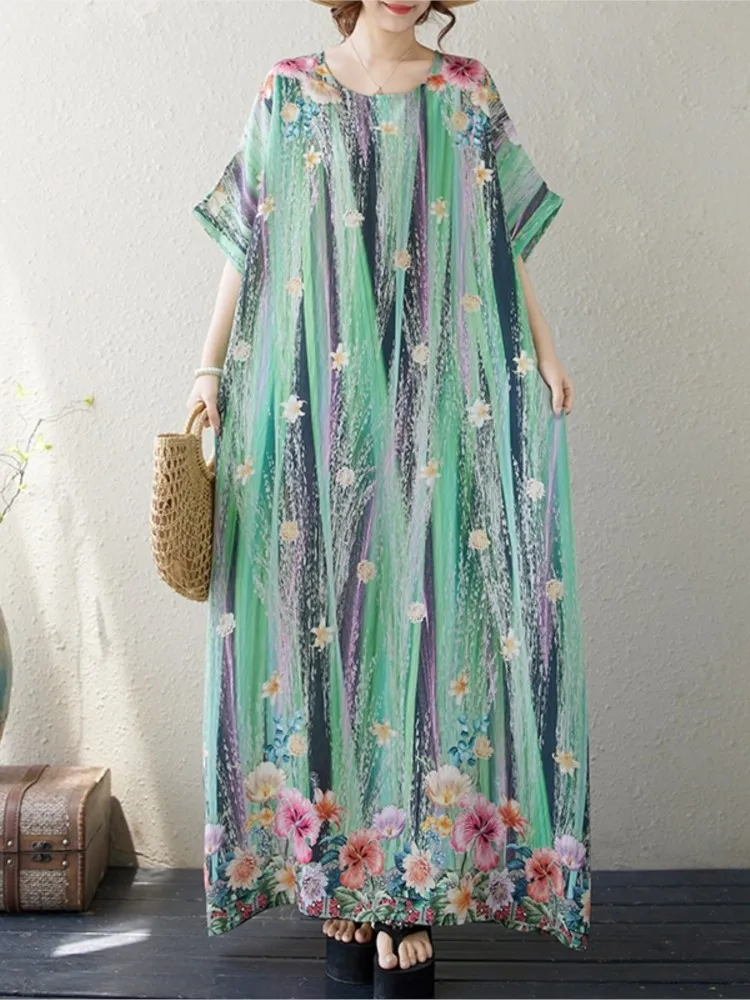 Oversized Bohemian Style Summer Flower Floral Print Long Robe Dress Women Loose Pleated Ladies Dresses Fashion Woman Dress