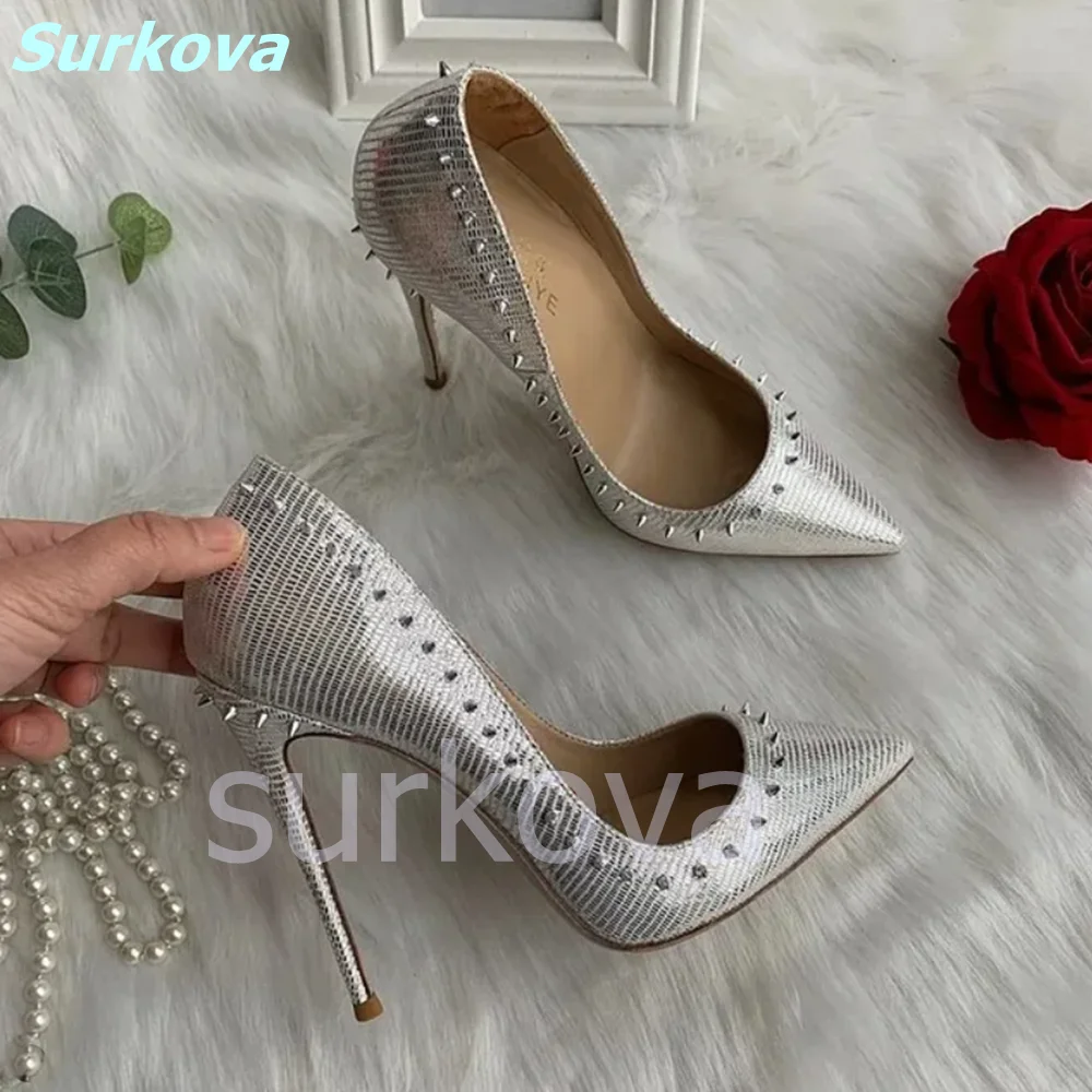 Rivet Gingham Pumps Pointed Toe Thin High Heels Slip On Shallow Stilettos Hottest Beautiful Comfortable High Quality Women Shoes