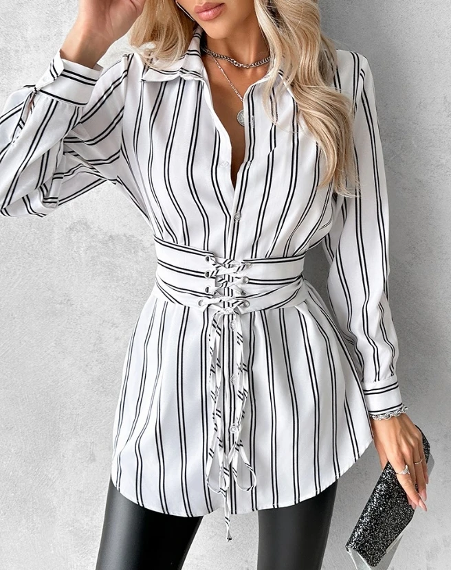 

Womens Dresses Spring Fashion Striped Lace-Up Front Casual Turn-Down Collar Long Sleeve Daily Mini Shirt Dress Woman Clothing