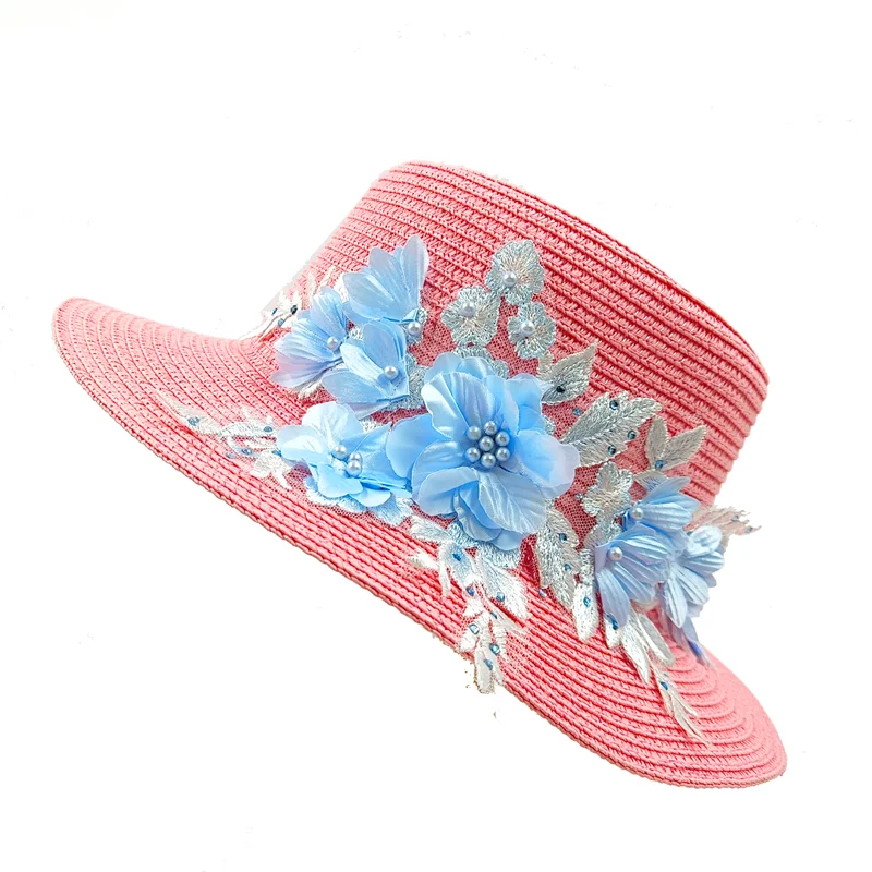 Summer hat embroidered three-dimensional flower men and women's straw hat sun hat beach hat blue rose straw hat  Женская шляпа 