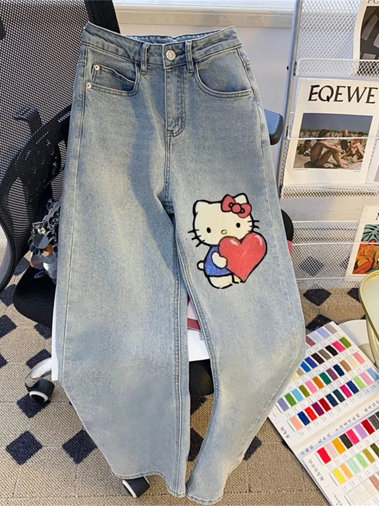 

Retro Cartoon Print Loose Straight Leg Jeans Casual High Waist Long Trousers Men's Faionable Summer Street Sle Denim