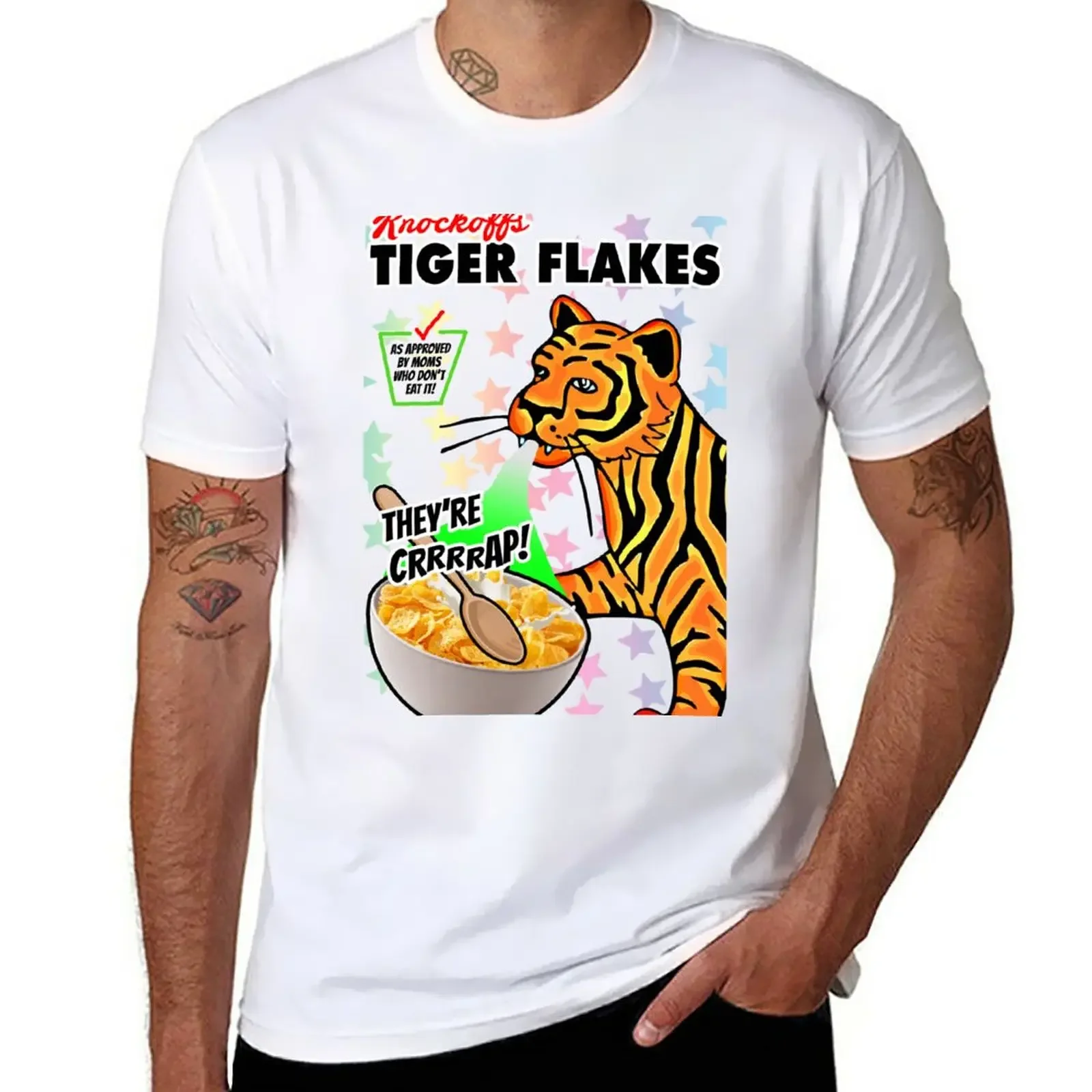 Knockoff cereales de desayuno: Copos de tigre: ¡un poco esmerilado! Camiseta holgada de algodón para hombre