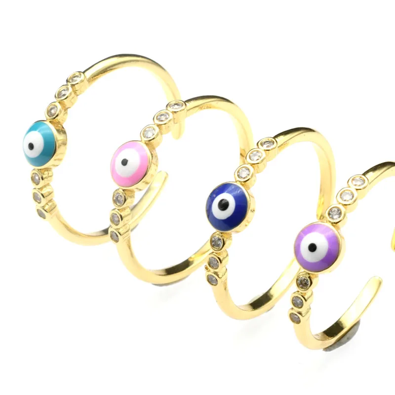 Nickel Free Anti Fading Gold Plated Lucky Blue Evil Eye Rings Multi Color Enamel Adjustable Freesize Finger Rings for Women