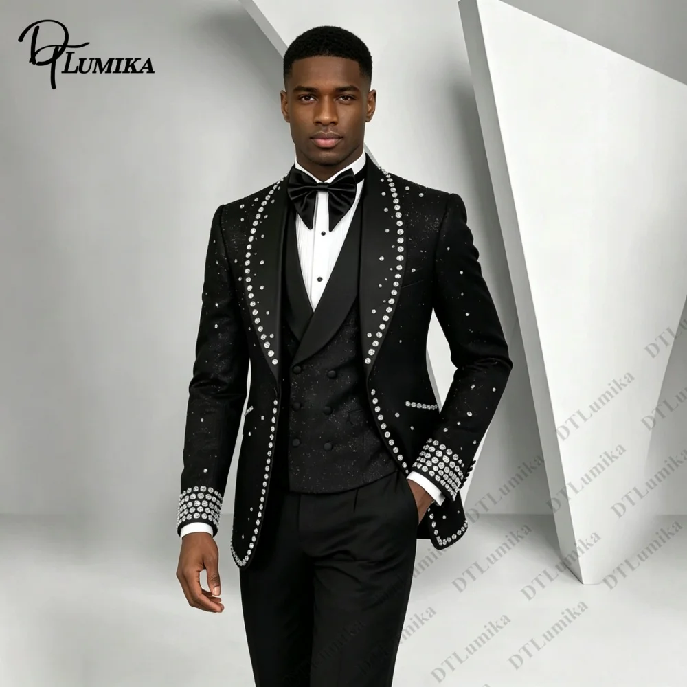 DTLumika Black Sparkle Men 3 Piece Tuxedo Rhinestone Jacket Vest Pants Set Wedding Groom Suit, Bespoke Stage Prom Formal Costume