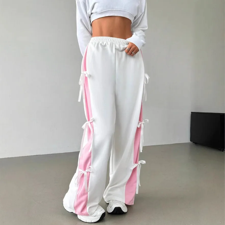 Women's Spring And Autumn Elastic Waist Contrast Color Straight Casual White Sweatpants With Bow Party Boho Y2k、 Maxi