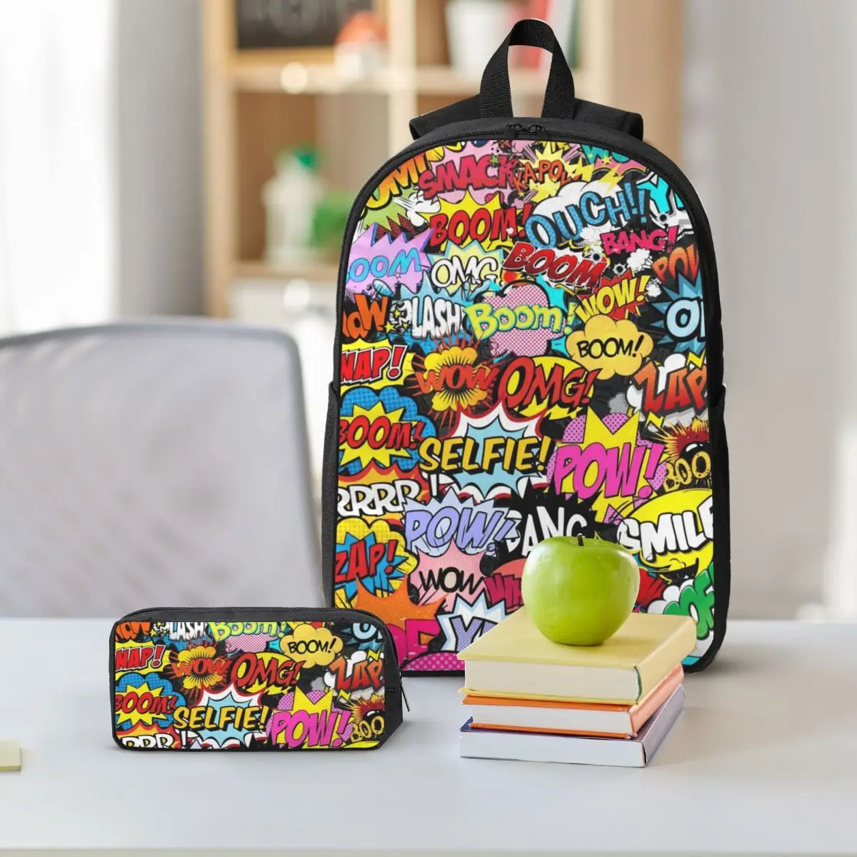 Fun Street Graffiti Comic Pop Art Backpack Student BookBag School Bag Shoulder Bags 3ps Insulated Lunch Bag Pencil Case