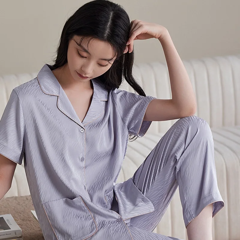 

Women silk satin pajamas set summer short sleeve top long pants 2 pieces sets luxury home clothes turn down collar pijamas mujer