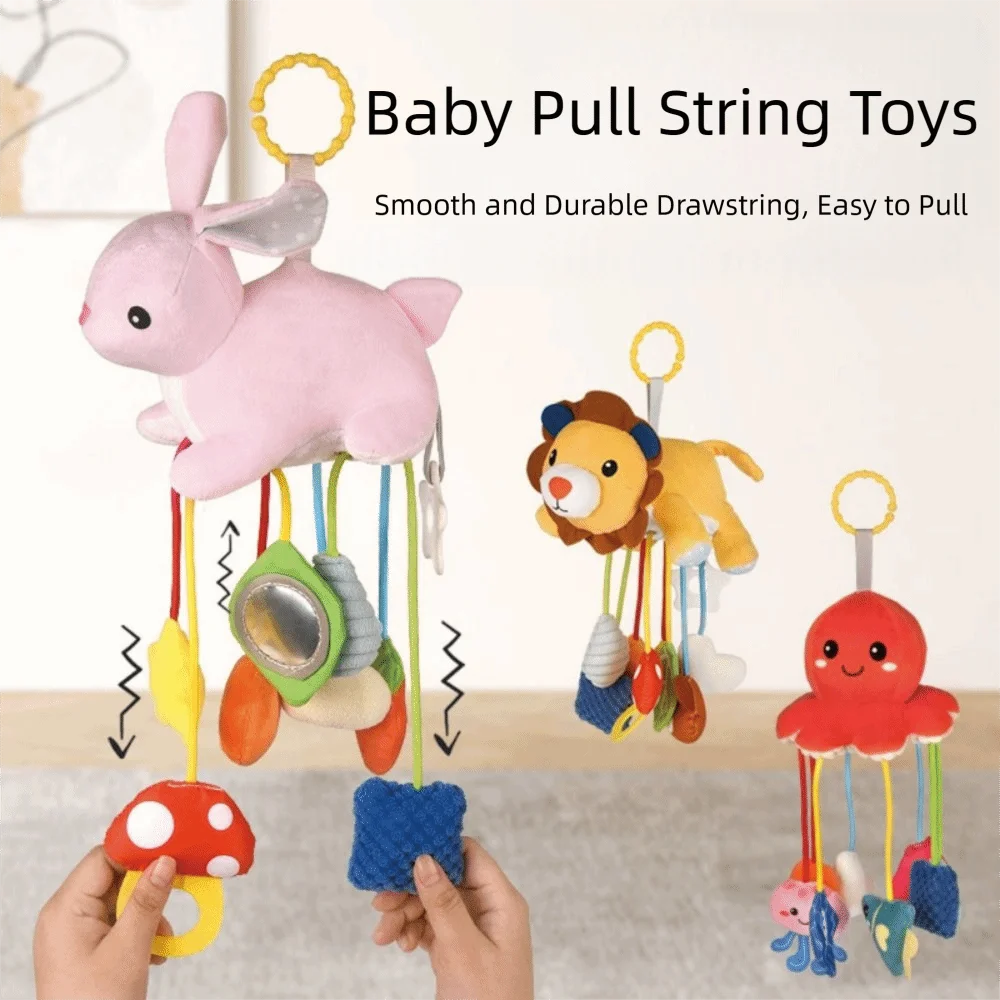 Cute Animal Design Sensory Stroller Hanging Ornaments Hand Grip Pull String Animals Bed Bell Dolls Soft Teether with Ring Hook