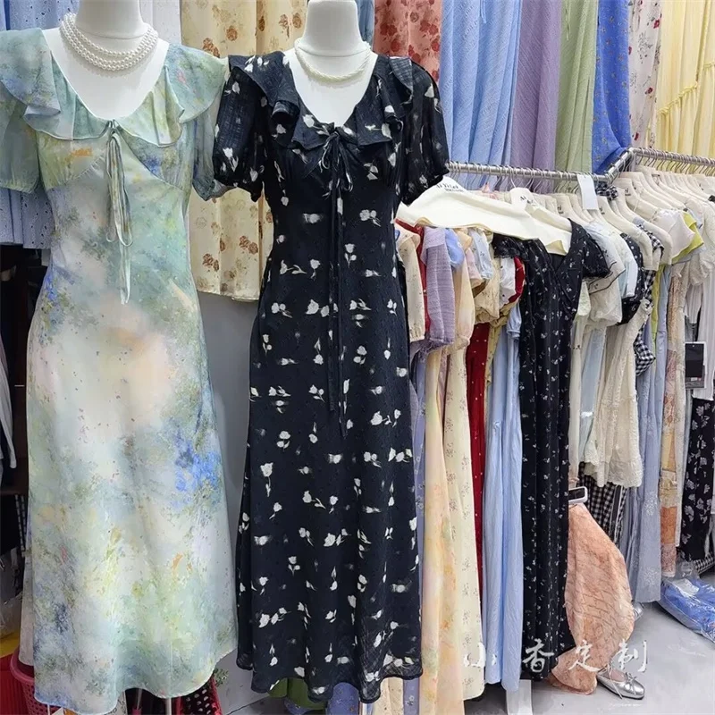 Summer 2025 Korean Sle Floral Print Maxi Dr with Belt Slimming Design Gathers Sensation Long Skirt with Ruffle Hemline