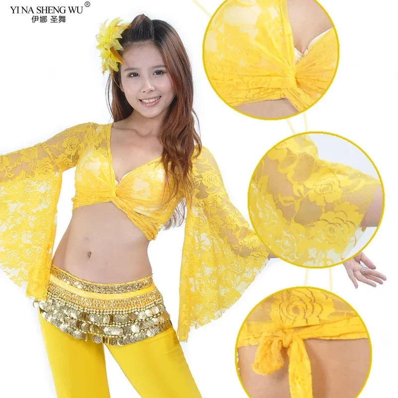 Blusa de renda para dança do ventre, manga borboleta, prática de dança, xale, renda com cadarço para mulheres adultas, manga trompete, blusa de dança quadrada