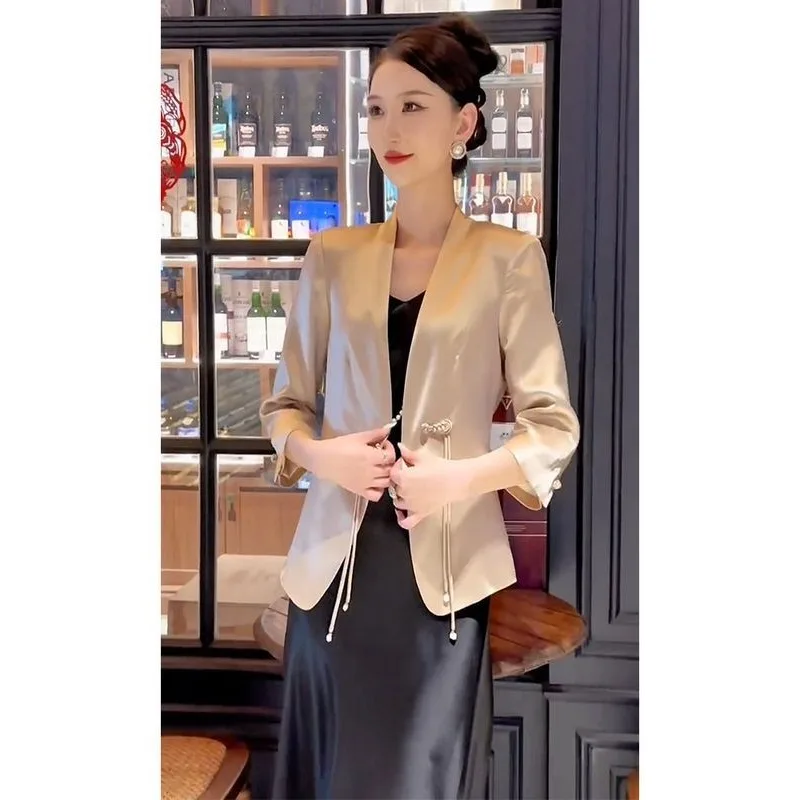 Nowa damska odzież w stylu chińskim, ekskluzywny profesjonalny satynowy garnitur, sukienka na ramiączkach, dwuczęściowy zestaw, wiosenna i jesienna moda, individualność.