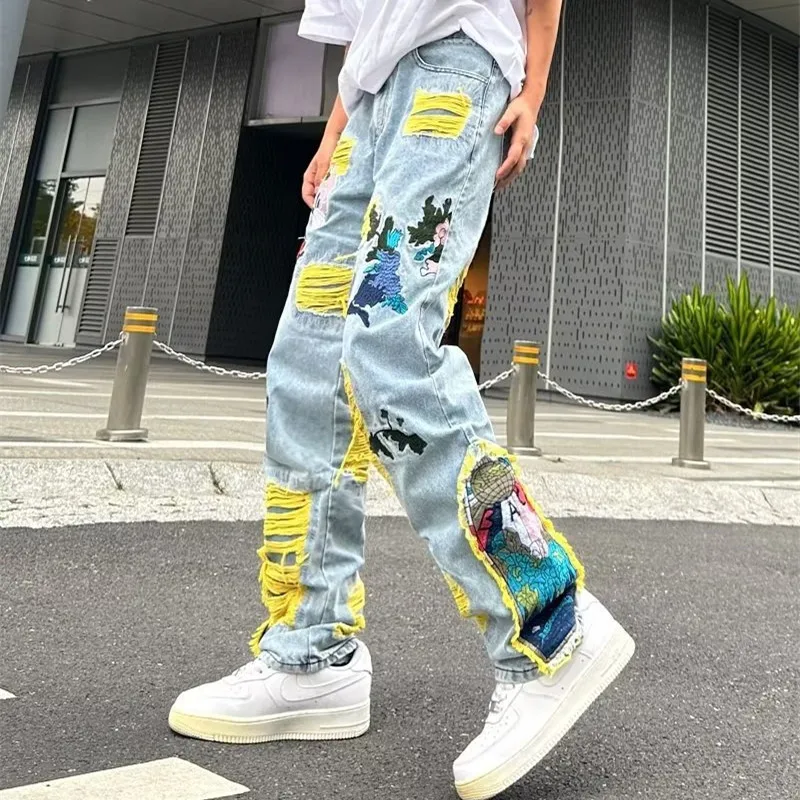 2023 Ropa Grunge Y2K Streetwear Baggy Stacked Ripped Jeans Pants Men Clothing Graphic Embroidery Hip Hop Denim Trousers Pantalon