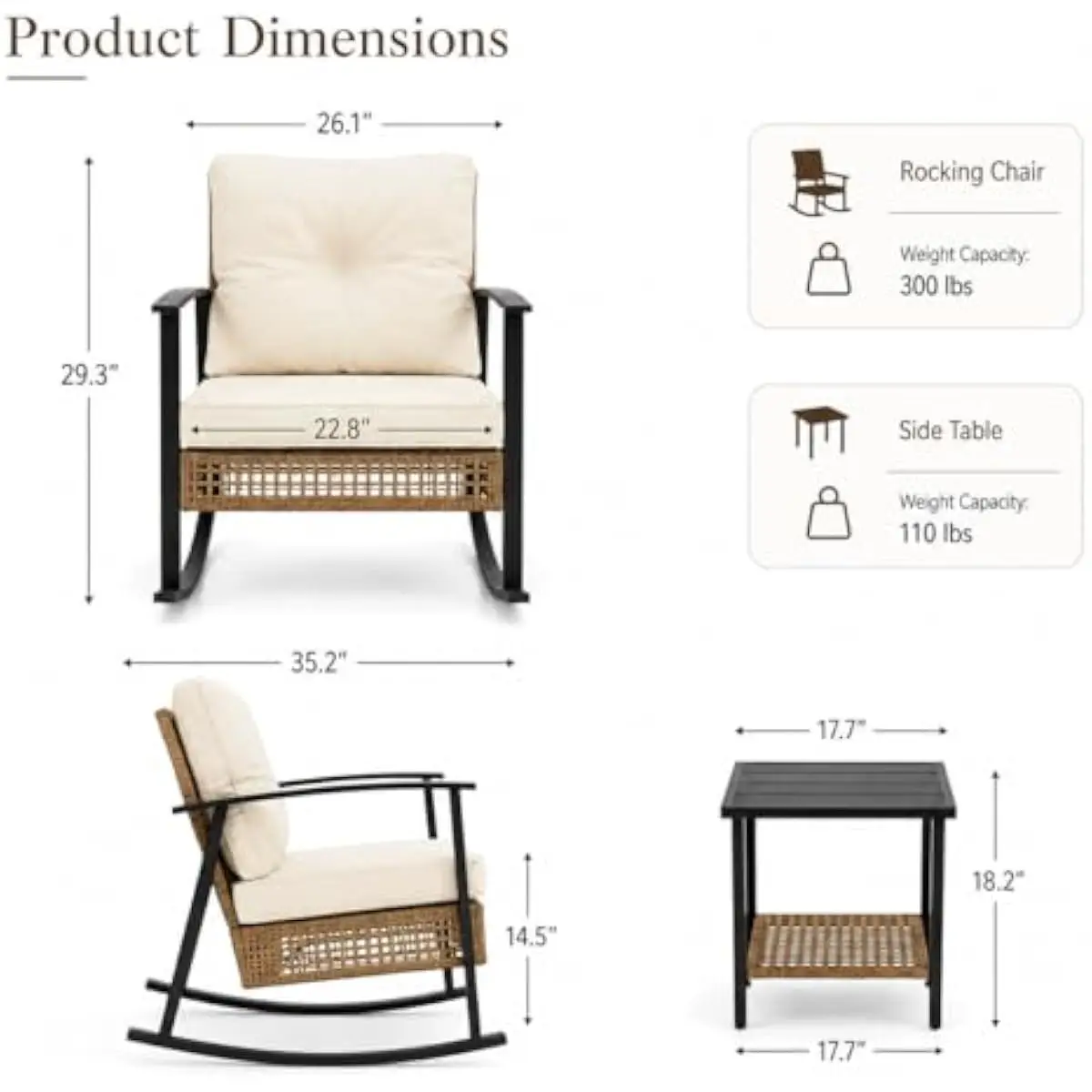 Outdoor Rocking Chair Duo with Dual-Level Table – Contemporary Beige Wicker Set Featuring Ergonomic High-Back Design, 3.3-Inch D