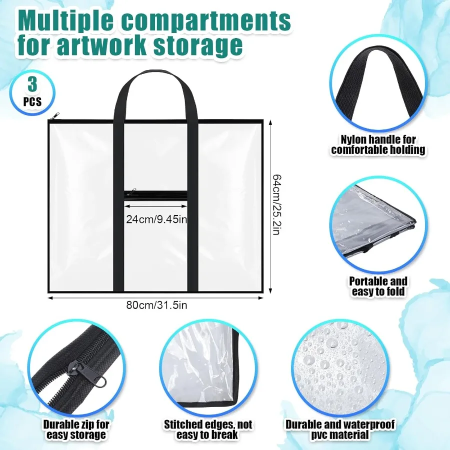 ถุงเก็บโปสเตอร์ขนาดใหญ่ 3 แพ็ค 31.5×25.2 ซม. กล่องใส่ผลงานศิลปะ PVC พร้อมซิปและหูหิ้ว กระเป๋าใสสำหรับจัดเก็บง่าย