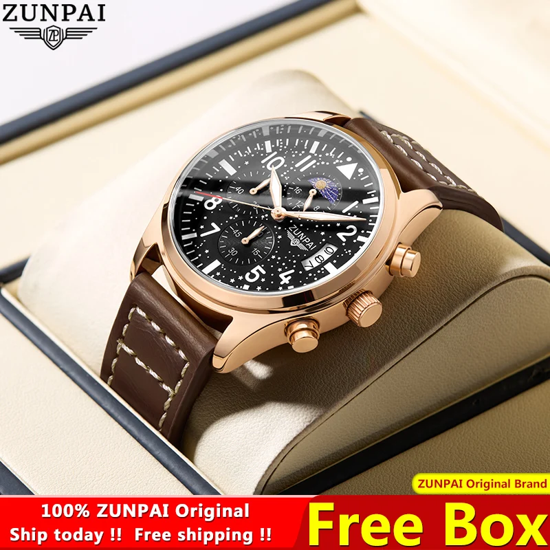 Zunpai original luxus uhr für männer top marke wasserdichte sport leder chronograph 2021new mode