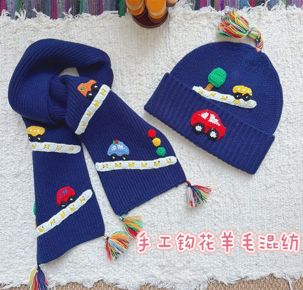 

scarf girl set baby two-piece scarf and hat set boys girls Cartoon knitted wool blend warm scarf + hat 2pcs set hat set kids