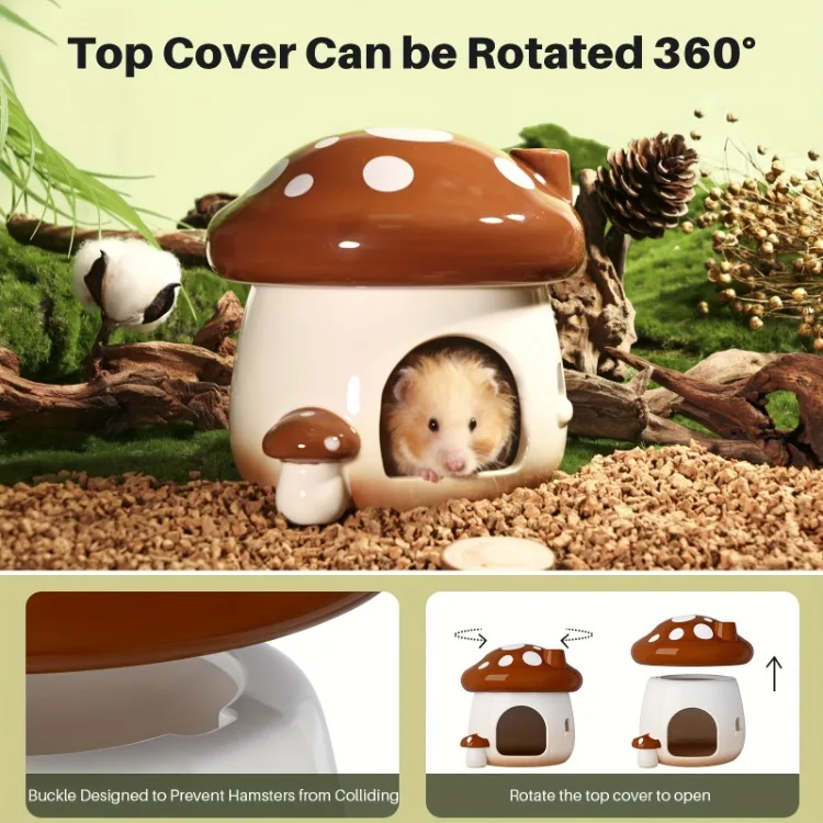 Hamster Hideout Ceramic Mushroom Shape Hamster House and Habitats Cool Bed Ideal for All Season Dwarf Hamster Gerbil Mice Golde