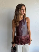 Fashion Burgundy Faux Leather Top For Women Sexy Halter Sleeveless Backless Fringe Hem Blouse Lady 2026 Summer Chic Streetwear - Image 2