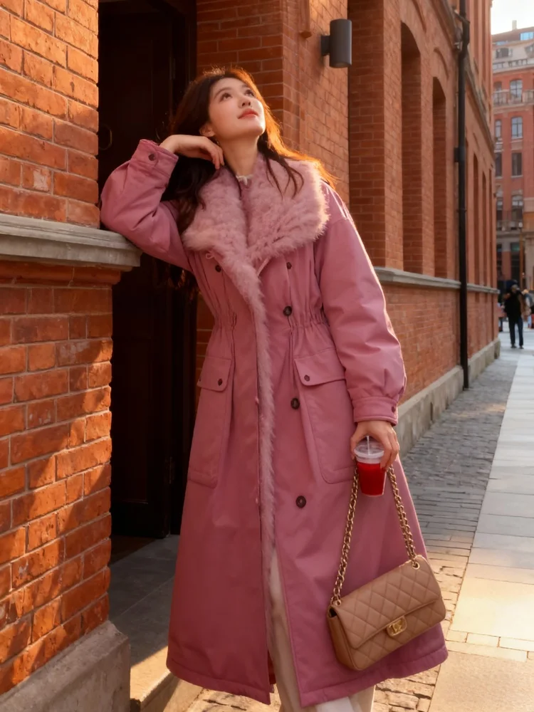 

Classic Over-Knee Long Jacket Loose Fit Thickened Warm Cotton Coat European Station Commute Korean Style Button Detail Polyes...