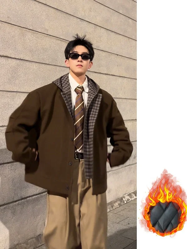 

American Retro Plaid Hooded Woolen Coat Men's Winter Thi Warm ort Outerwear Jaet Youth ular Casual Polyester Fiber