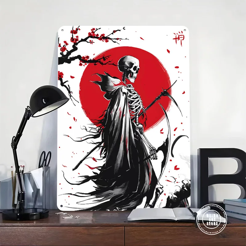 Grim Reaper With Scythe and Red Sun 3D Texture Printed Poster Custom Vintage Metal Tin Plate Sign for Wall Art Funny Signs Decor