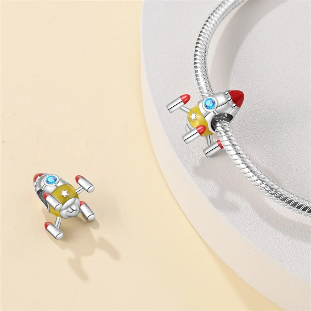 Space UFO Rocket Astronaut Star Moon Silver Plated Bead Original Charm Fit Bracelets Bag Keychain Charm DIY Women Gift Accessory