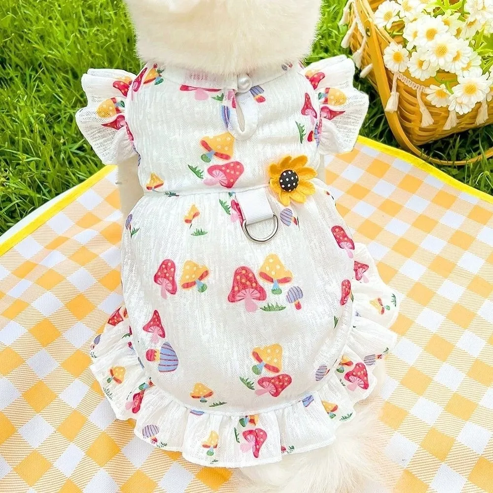 Thin Breathable Dog Love Printed Skirt Flutter Sleeve Cooling Skirt Dog Princess Dresses Mushroom Pattern Dog Clothing