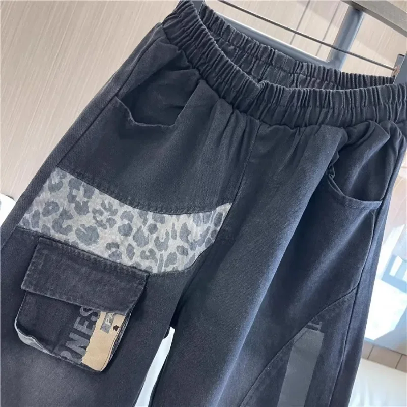 Autumn Winter New Elastic Waist Loose Oversized Leopard Print Jeans Splicing Tooling Washed Denim Harlan Pants Women's Clothes