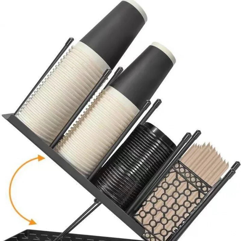 

Adjustable coffee cup holder manager with 4 compartments and dispenser, equipped with coffee bean straw storage basket
