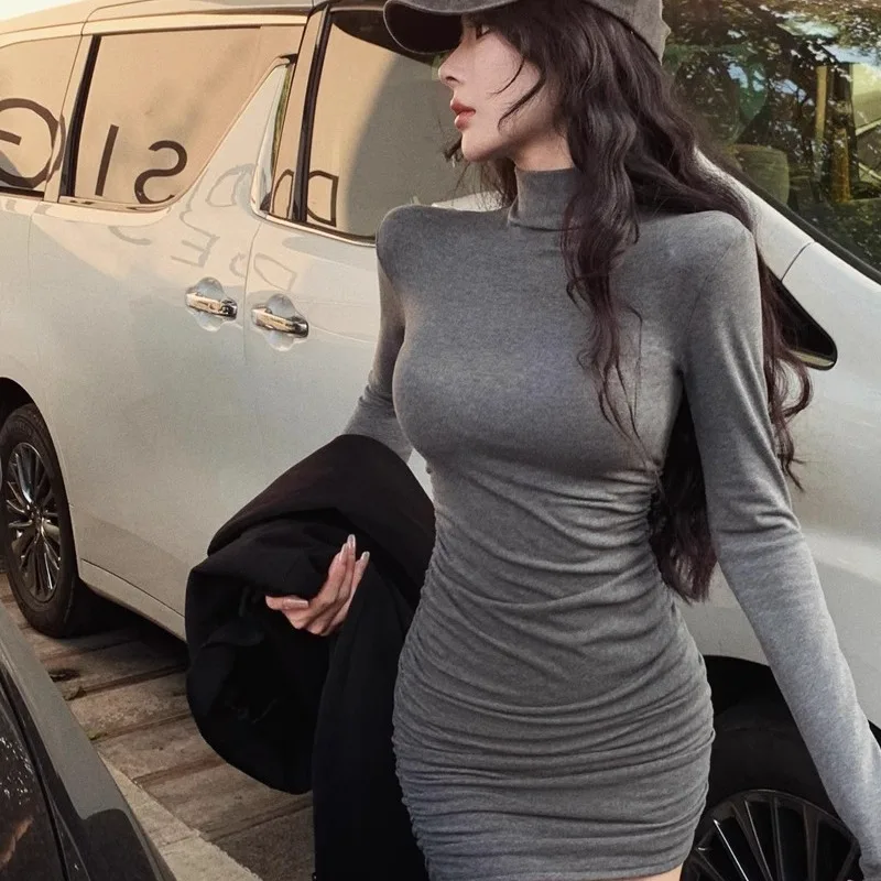 

Autumn New Harajuku Solid Color Long-sleeved Dresses American Vintage Subculture Wrap Hip Skirt Women Turtle Neck Slim-fit Dress