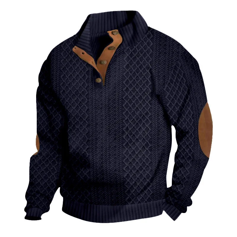 Herren Jacquard-Pullover mit Stehkragen, Ellenbogen-Patches, Langarm, lässiger Strick-Sweatshirt – Detail 3
