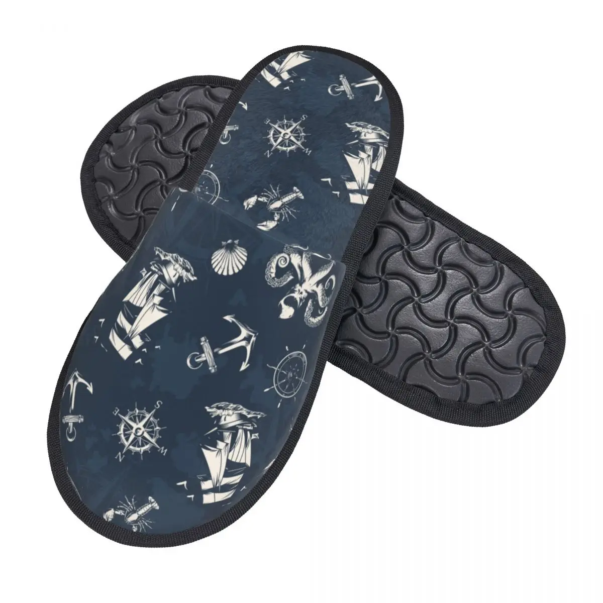 Custom Women Vintage Nautical Symbol House Slippers Cozy Warm Anchor Compass Memory Foam Fluffy Slipper Indoor Outdoor Shoes