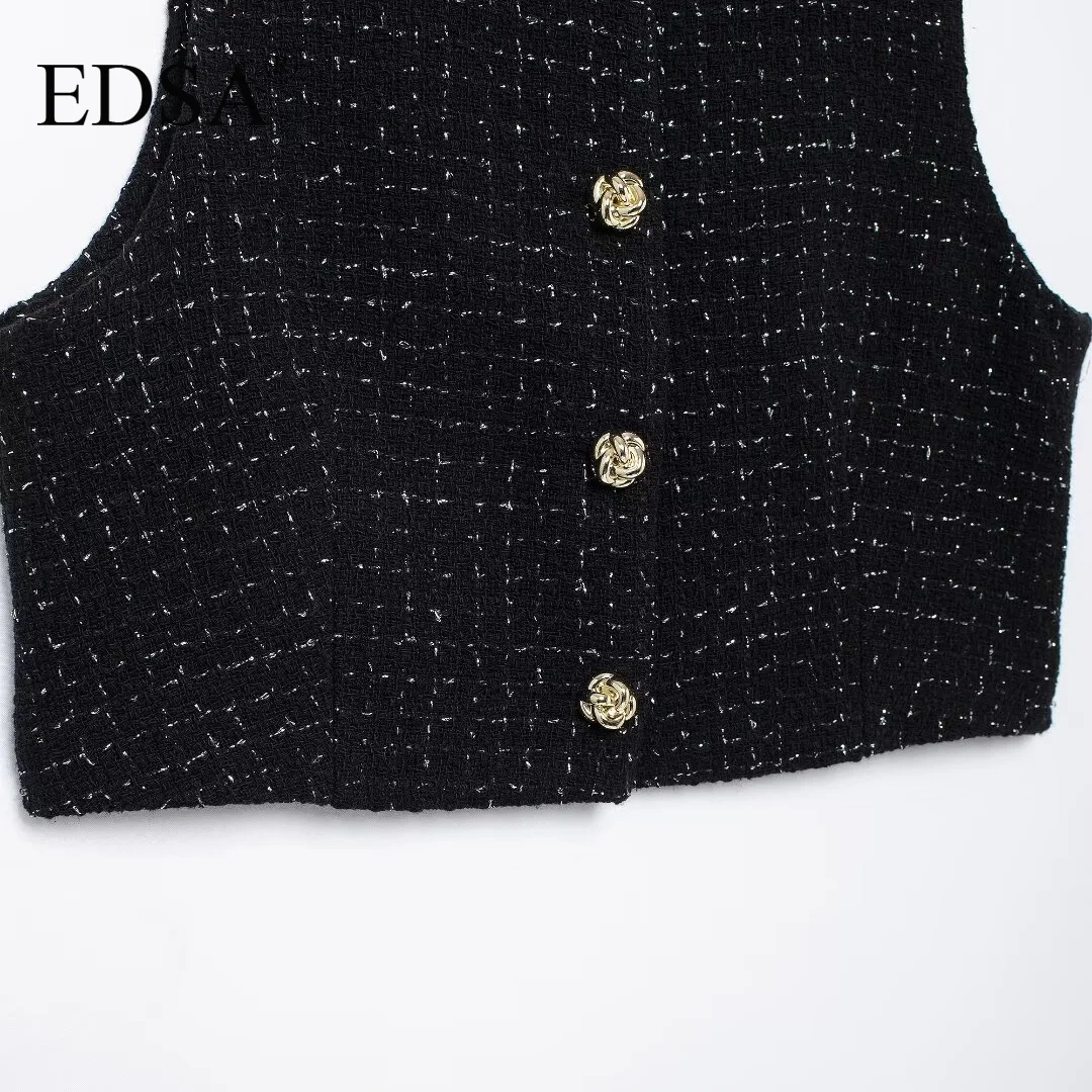 EDSA Women Textured Cropped Waistcoat Round Neck Sleeveless Metallic Thread Front Embossed Gold Button Vest Outerwear